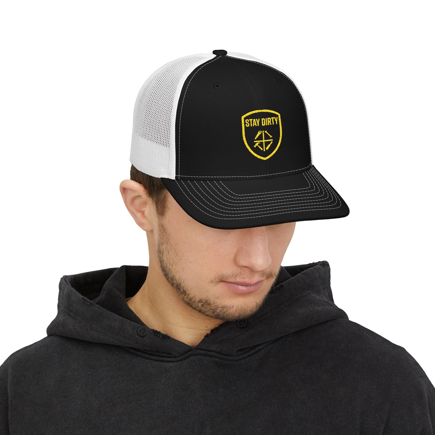 Stay Dirty Embroidered Trucker Cap — Yellow Shield Snapback Hat
