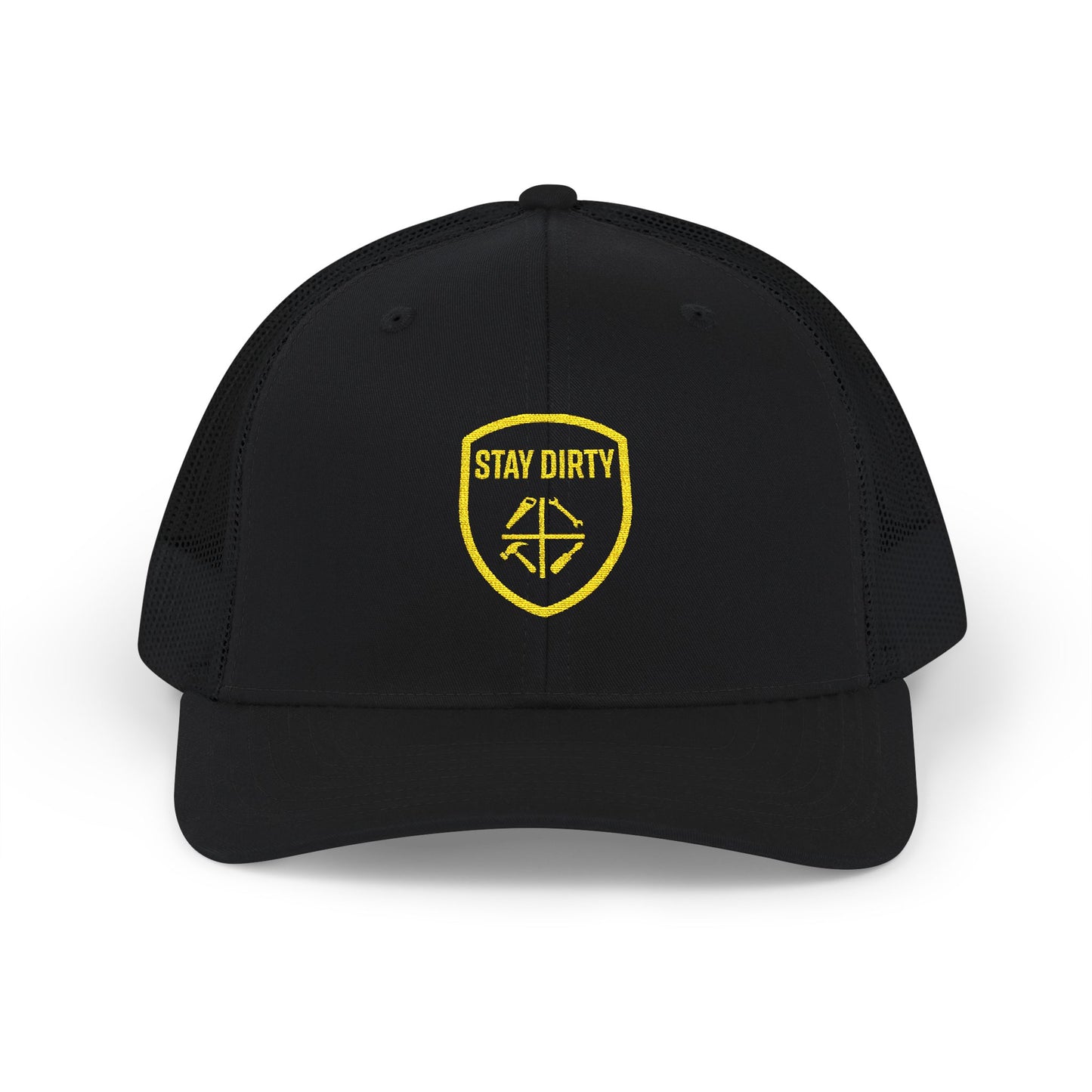 Stay Dirty Embroidered Trucker Cap — Yellow Shield Snapback Hat