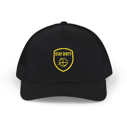 Stay Dirty Embroidered Trucker Cap — Yellow Shield Snapback Hat