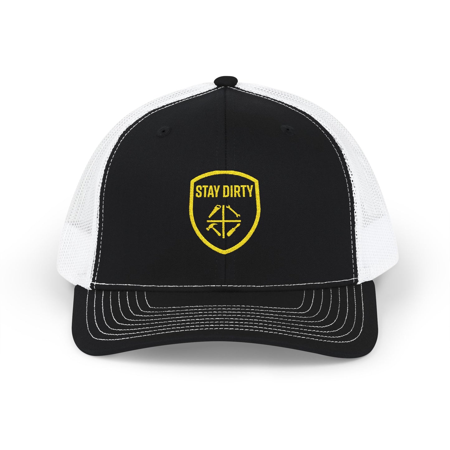 Stay Dirty Embroidered Trucker Cap — Yellow Shield Snapback Hat