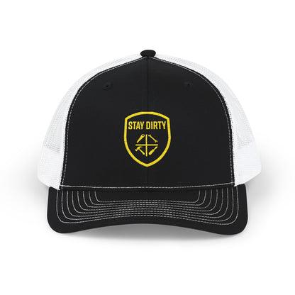 Stay Dirty Embroidered Trucker Cap — Yellow Shield Snapback Hat