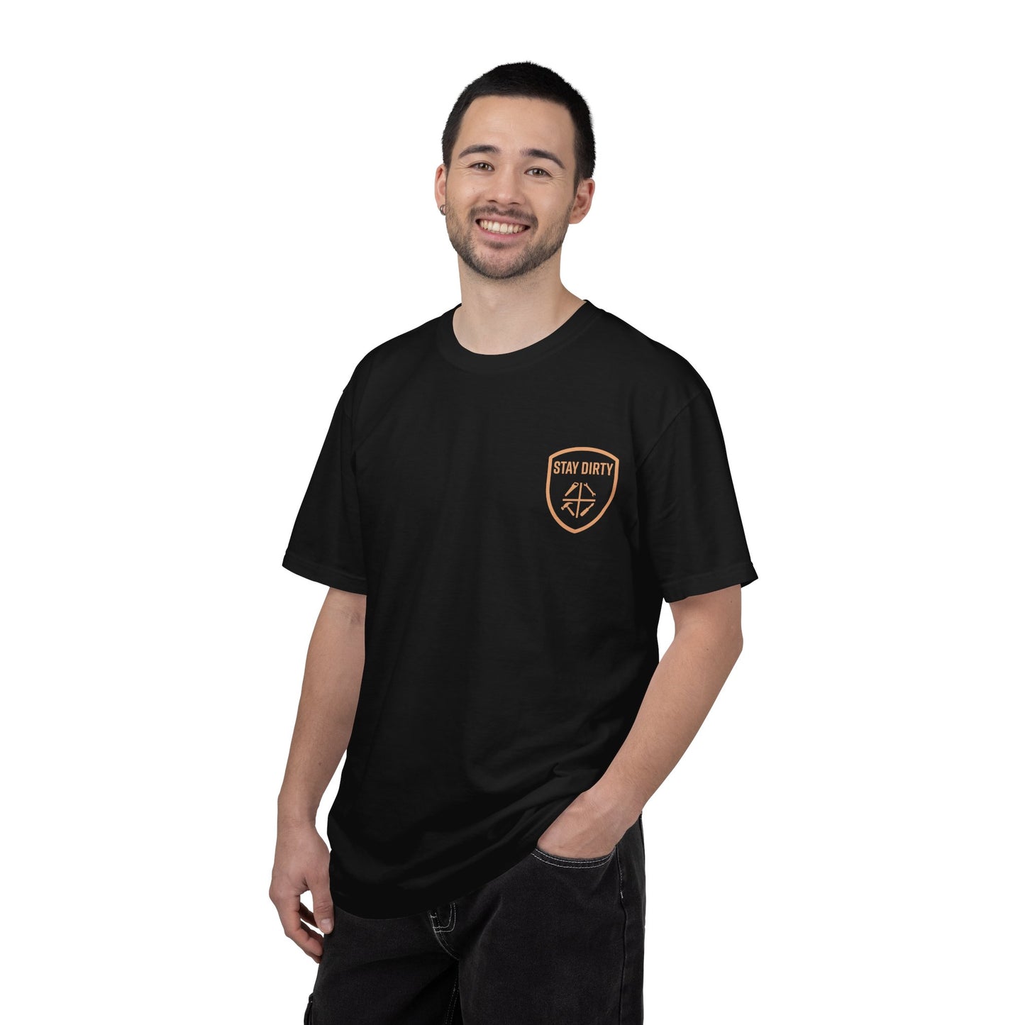 Stay Dirty Shield T-Shirt — Retro Workwear Logo Tee