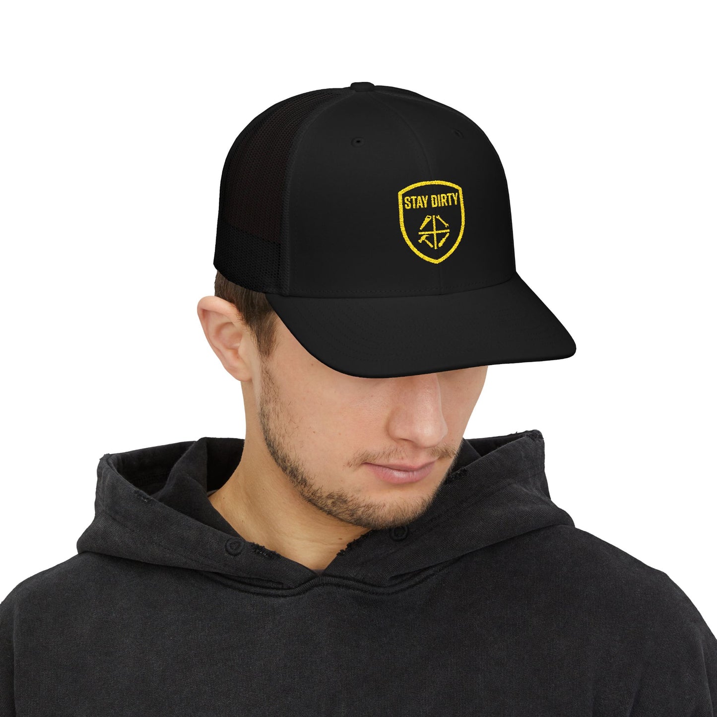 Stay Dirty Embroidered Trucker Cap — Yellow Shield Snapback Hat